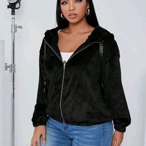 Drawstring Hooded Teddy Jacket